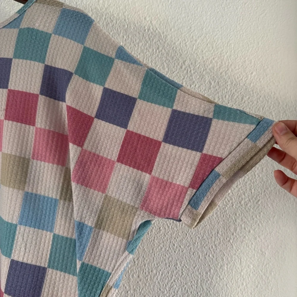 Cozycore Hopely Pastel Checkerboard Waffle Knit Oversized Top Large Cottagecore - Picture 5 of 12